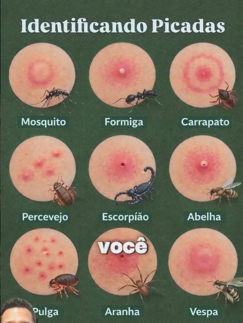 guia visual com 9 tipos de picadas de insetos identificando mosquito formiga carrapato percevejo escorpião abelha pulga aranha e vespa