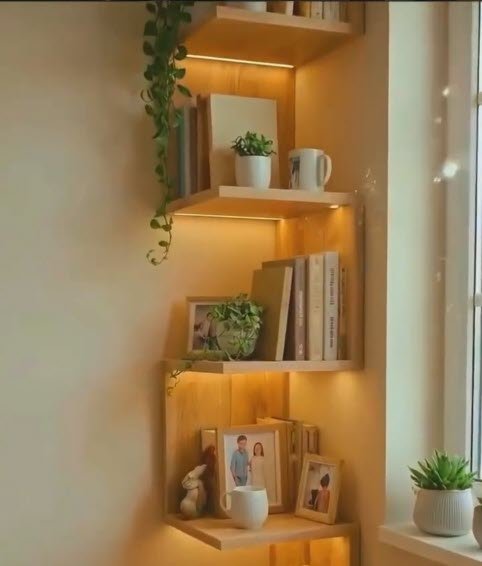 prateleira de canto com led iluminada fixada na parede com objetos decorativos
