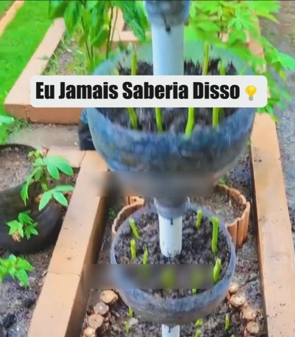 jardim vertical com garrafa pet em torre com mudas de plantas crescendo em torno de um cano central
